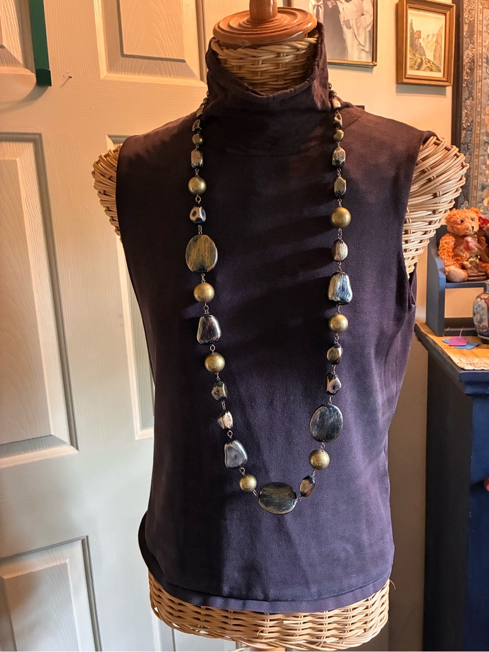 Chico's Gold and Dark Metallic Bead Long Necklace
